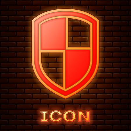 Glowing neon Shield icon isolated on brick wall background. Guard sign. Vector Illustrationのイラスト素材