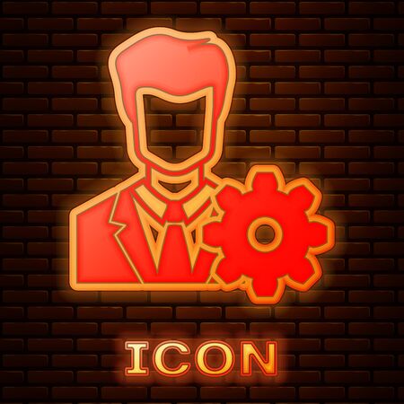 Glowing neon Profile settings icon isolated on brick wall background. User setting icon. Profile Avatar with cogwheel. Account icon. Male person silhouette. Vector Illustrationのイラスト素材