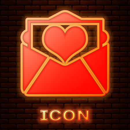Glowing neon Envelope with Valentine heart icon isolated on brick wall background. Letter love and romance. Vector Illustrationのイラスト素材