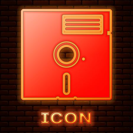 Glowing neon Floppy disk in the 5.25-inch icon isolated on brick wall background. Floppy disk for computer data storage. Diskette sign. Vector Illustrationのイラスト素材