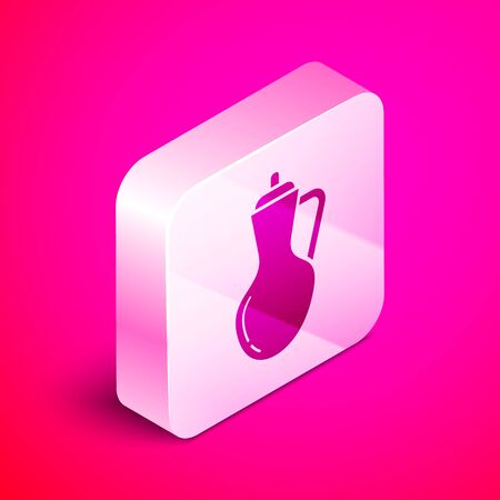 Isometric Bottle of olive oil icon isolated on pink background. Jug with olive oil icon. Silver square button. Vector Illustrationのイラスト素材