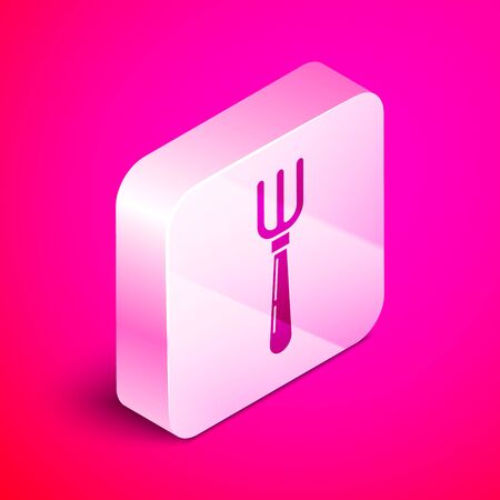 Isometric Fork icon isolated on pink background. Cutlery symbol. Silver square button. Vector Illustrationのイラスト素材