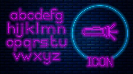 Glowing neon Flashlight icon isolated on brick wall background. Neon light alphabet. Vector Illustrationのイラスト素材