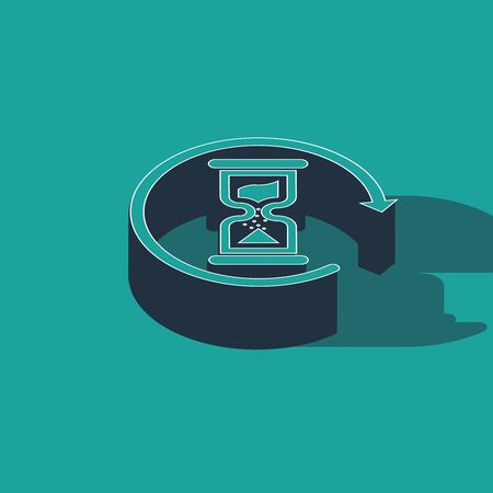 Isometric Waiting icon isolated on green background. Wait time icon. Hourglass clock. Vector Illustrationのイラスト素材