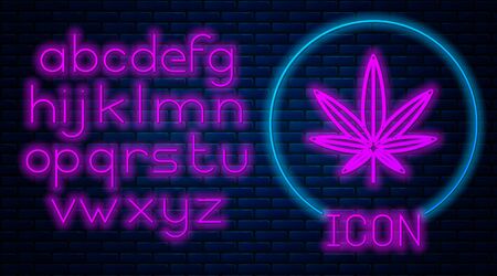 Glowing neon Medical marijuana or cannabis leaf icon isolated on brick wall background. Hemp symbol. Neon light alphabet. Vector Illustrationのイラスト素材