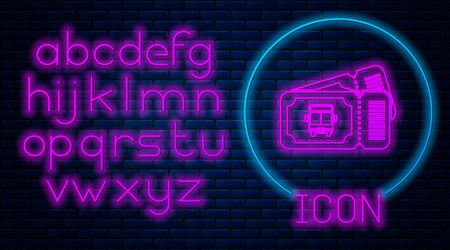 Glowing neon Bus ticket icon isolated on brick wall background. Public transport ticket. Neon light alphabet. Vector Illustrationのイラスト素材