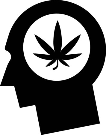 Black Silhouette of male head in profile with marijuana or cannabis leaf icon isolated on white background. Marijuana legalization. Hemp symbol. Vector Illustrationのイラスト素材