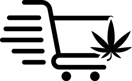 Black Shopping cart with marijuana or cannabis leaf icon isolated on white background. Online buying. Delivery service. Supermarket basket. Vector Illustrationのイラスト素材