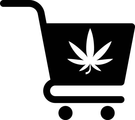 Black Shopping cart with marijuana or cannabis leaf icon isolated on white background. Online buying. Delivery service. Supermarket basket. Vector Illustrationのイラスト素材