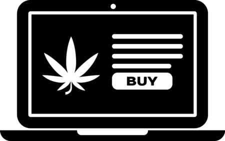 Black Laptop and medical marijuana or cannabis leaf icon isolated on white background. Online buying symbol. Supermarket basket. Vector Illustrationのイラスト素材