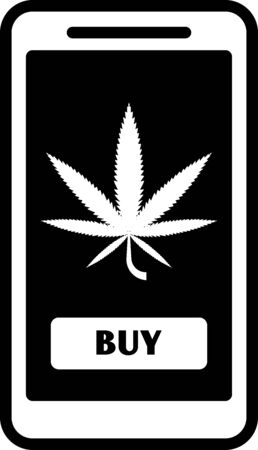Black Mobile phone and medical marijuana or cannabis leaf icon isolated on white background. Online buying symbol. Supermarket basket. Vector Illustrationのイラスト素材