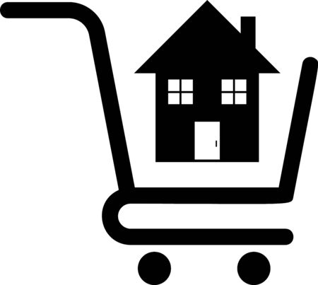 Black Shopping cart with house icon isolated on white background. Buy house concept. Home loan concept, rent, buying a property. Vector Illustrationのイラスト素材