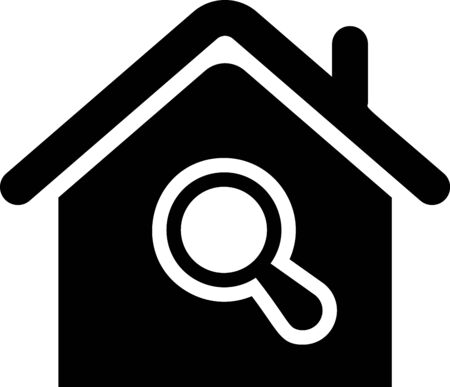 Black Search house icon isolated on white background. Real estate symbol of a house under magnifying glass. Vector Illustrationのイラスト素材