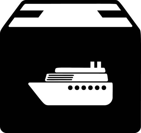 Black Cargo ship with boxes delivery service icon isolated on white background. Delivery, transportation. Freighter with parcels, boxes, goods. Vector Illustrationのイラスト素材