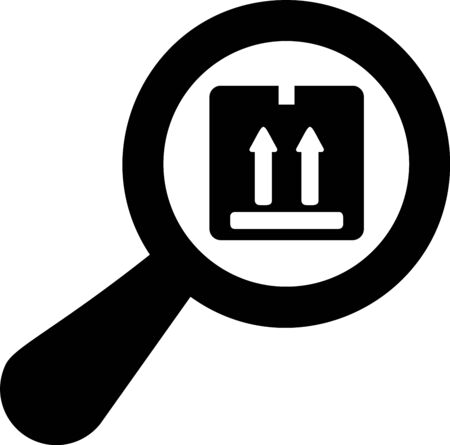 Black Search package icon isolated on white background. Parcel tracking symbol. Magnifying glass and cardboard box. Logistic and delivery. Vector Illustrationのイラスト素材