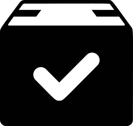 Black Package box with check mark icon isolated on white background. Parcel box with checkmark. Approved delivery or successful package receipt. Vector Illustrationのイラスト素材