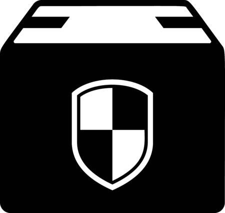 Black Delivery pack security symbol with shield icon isolated on white background. Delivery insurance. Insured cardboard boxes beyond the shield. Vector Illustrationのイラスト素材