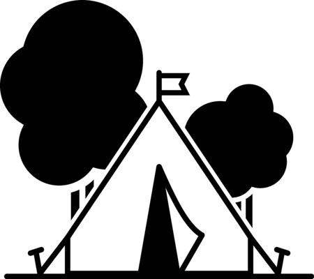 Black Tourist tent with flag icon isolated on white background. Camping symbol. Vector Illustrationのイラスト素材