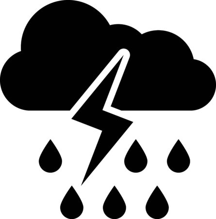 Black Cloud with rain and lightning icon isolated on white background. Rain cloud precipitation with rain drops.Weather icon of storm. Vector Illustrationのイラスト素材