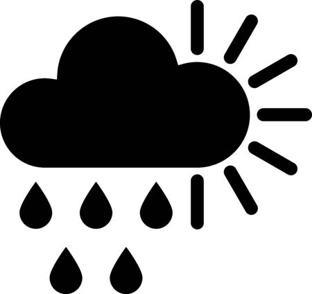 Black Cloudy with rain and sun icon isolated on white background. Rain cloud precipitation with rain drops. Vector Illustrationのイラスト素材