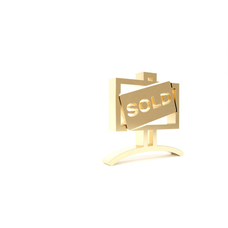 Gold Hanging sign with text Sold icon isolated on white background. Sold sticker. Sold signboard. 3d...