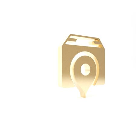 Gold Location with cardboard box icon isolated on white background. Delivery services, logistic and transportation, relocation, distribution. 3d illustration 3D renderの写真素材