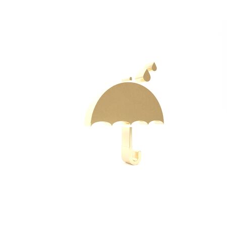 Gold Umbrella and rain drops icon isolated on white background. Waterproof icon. Protection, safety, security concept. Water resistant symbol. 3d illustration 3D renderの写真素材