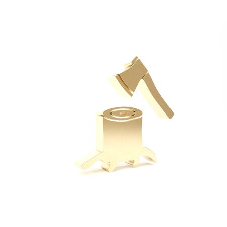 Gold Wooden axe in stump icon isolated on white background. Lumberjack axe. Axe stuck in wood. 3d illustration 3D renderの写真素材