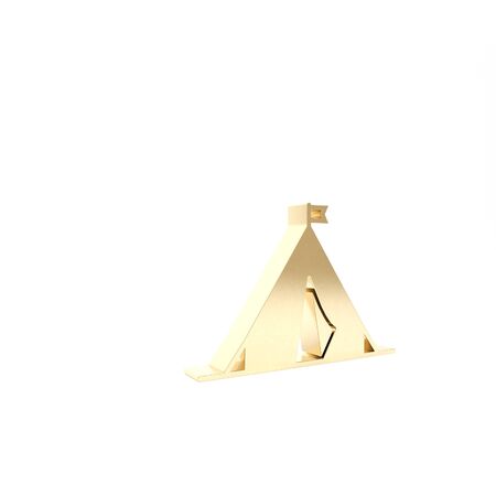 Gold Tourist tent with flag icon isolated on white background. Camping symbol. 3d illustration 3D renderの写真素材