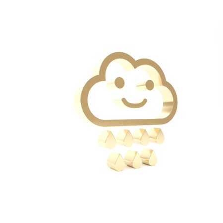 Gold Cloud with rain icon isolated on white background. Rain cloud precipitation with rain drops. 3d illustration 3D renderの写真素材