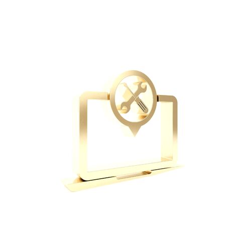 Gold Laptop with screwdriver and wrench icon isolated on white background. Adjusting, service, setting, maintenance, repair, fixing. 3d illustration 3D renderの写真素材