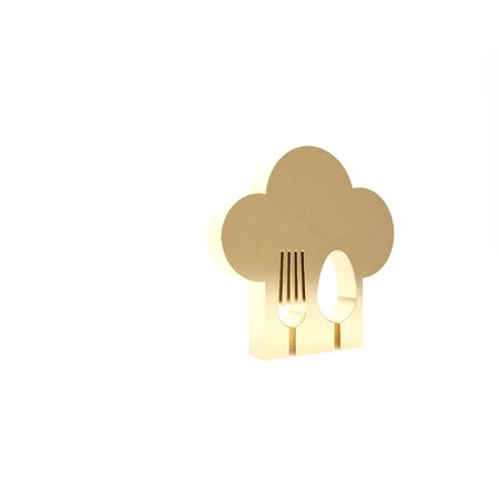 Gold Chef hat with fork and spoon icon isolated on white background. Cooking symbol. Restaurant menu. Cooks hat. 3d illustration 3D renderの写真素材