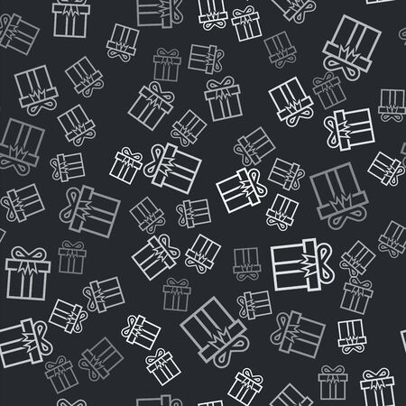 Grey Gift box icon isolated seamless pattern on black background. Vector Illustrationのイラスト素材