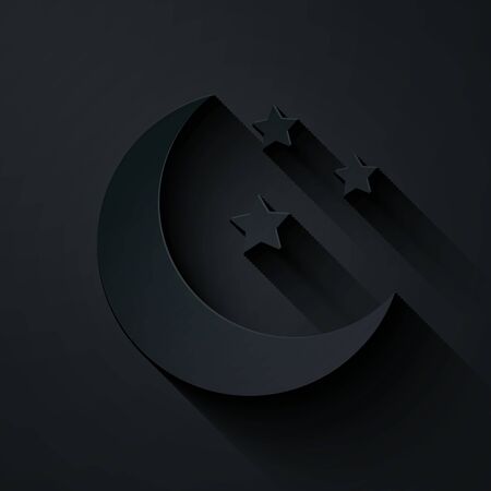 Paper cut Moon and stars icon isolated on black background. Paper art style. Vector Illustrationのイラスト素材