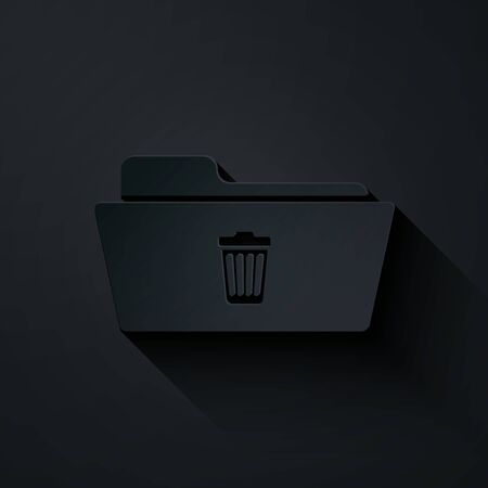 Paper cut Delete folder icon isolated on black background. Folder with recycle bin. Delete or error folder. Close computer information folder sign. Paper art style. Vector Illustrationのイラスト素材