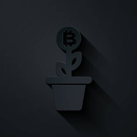 Paper cut Bitcoin plant in the pot icon isolated on black background. Business investment growth concept. Blockchain technology, cryptocurrency mining. Paper art style. Vector Illustrationのイラスト素材
