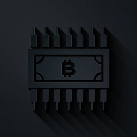 Paper cut Cryptocurrency bitcoin in circle with microchip circuit icon isolated on black background. Blockchain technology, digital money market. Paper art style. Vector Illustrationのイラスト素材