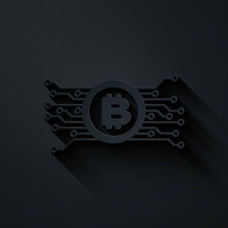 Paper cut Cryptocurrency bitcoin in circle with microchip circuit icon isolated on black background. Blockchain technology, digital money market. Paper art style. Vector Illustrationのイラスト素材