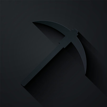 Paper cut Pickaxe icon isolated on black background. Blockchain technology, cryptocurrency mining, bitcoin, digital money market, cryptocoin wallet. Paper art style. Vector Illustrationのイラスト素材
