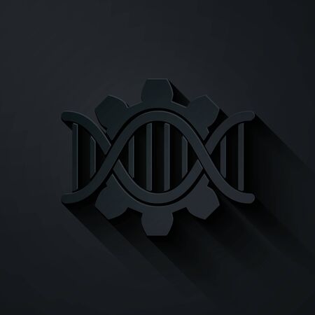 Paper cut Genetic engineering icon isolated on black background. DNA analysis, genetics testing, cloning, paternity testing. Paper art style. Vector Illustrationのイラスト素材