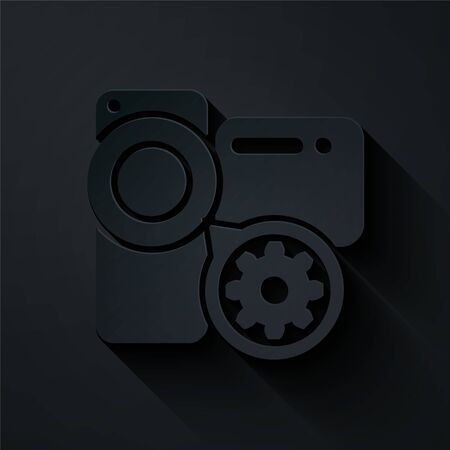 Paper cut Video camera and gear icon isolated on black background. Adjusting app, service concept, setting options, maintenance, repair, fixing. Paper art style. Vector Illustrationのイラスト素材