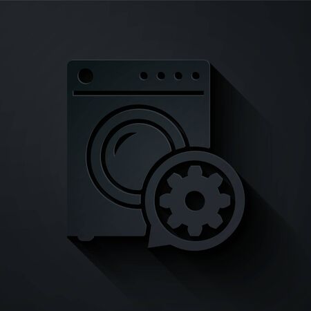 Paper cut Washer and gear icon isolated on black background. Adjusting app, service concept, setting options, maintenance, repair, fixing. Paper art style. Vector Illustrationのイラスト素材