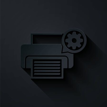 Paper cut Printer and gear icon isolated on black background. Adjusting app, service concept, setting options, maintenance, repair, fixing. Paper art style. Vector Illustrationのイラスト素材