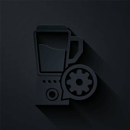 Paper cut Blender with bowl and gear icon isolated on black background. Adjusting app, service concept, setting options, maintenance, repair, fixing. Paper art style. Vector Illustrationのイラスト素材