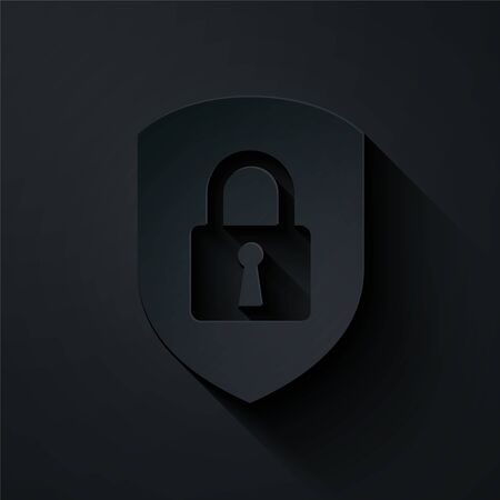 Paper cut Shield security with lock icon isolated on black background. Protection, safety, password security. Firewall access privacy sign. Paper art style. Vector Illustrationのイラスト素材