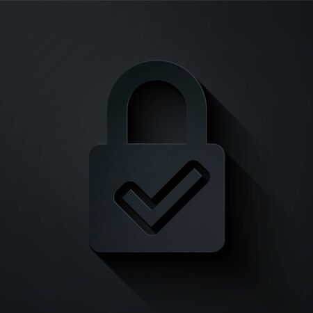 Paper cut Open padlock and check mark icon isolated on black background. Cyber security concept. Digital data protection. Safety safety. Paper art style. Vector Illustrationのイラスト素材