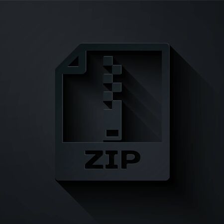 Paper cut ZIP file document. Download zip button icon isolated on black background. ZIP file symbol. Paper art style. Vector Illustrationのイラスト素材