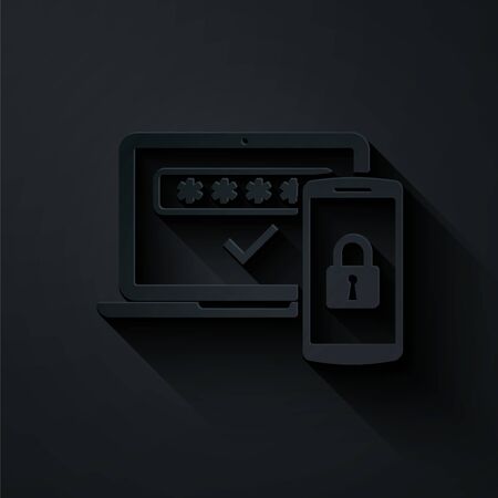 Paper cut Multi factor, two steps authentication icon isolated on black background. Paper art style. Vector Illustrationのイラスト素材