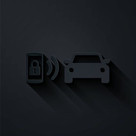 Paper cut Smart car alarm system icon isolated on black background. The smartphone controls the car security on the wireless. Paper art style. Vector Illustrationのイラスト素材
