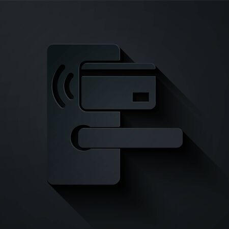 Paper cut Digital door lock with wireless technology for unlock icon isolated on black background. Door handle sign. Security smart home. Paper art style. Vector Illustrationのイラスト素材